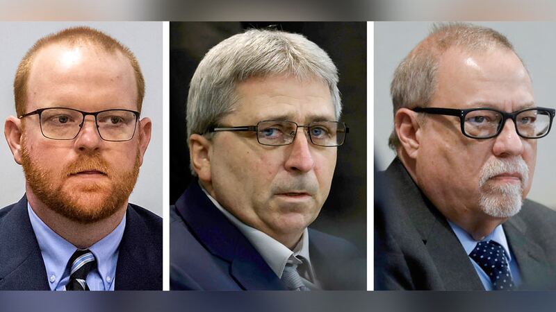 FILE - This photo combo shows, from left to right, Travis McMichael, William "Roddie" Bryan,...