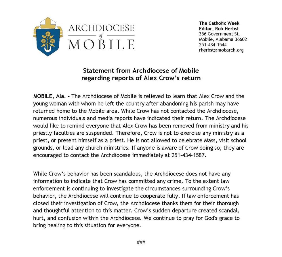 The Archdiocese of Mobile released this statement about the reported return to the Mobile area...