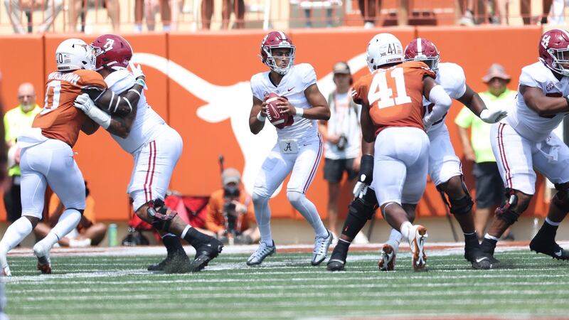 Alabama quarterback Bryce Young (9) back to pass against Texas at Darrell K Roya l Ð Texas...