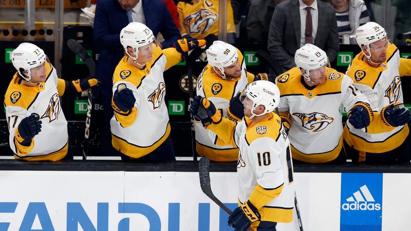 Nashville Predators' Colton Sissons (10) celebrates his goal during the second period of an...
