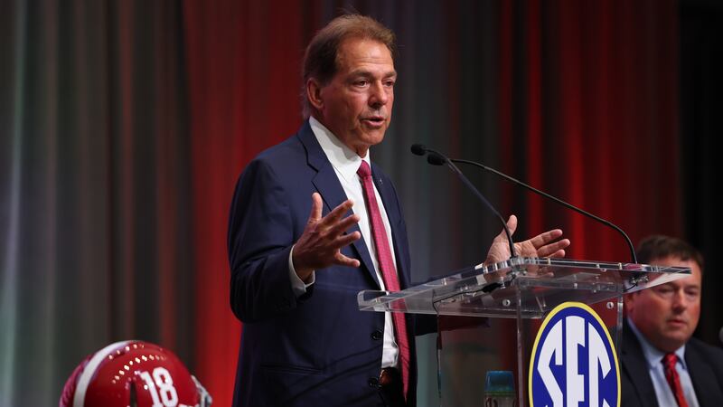 Alabama head coach Nick Saban speaks at the 2022 SEC Media Days.