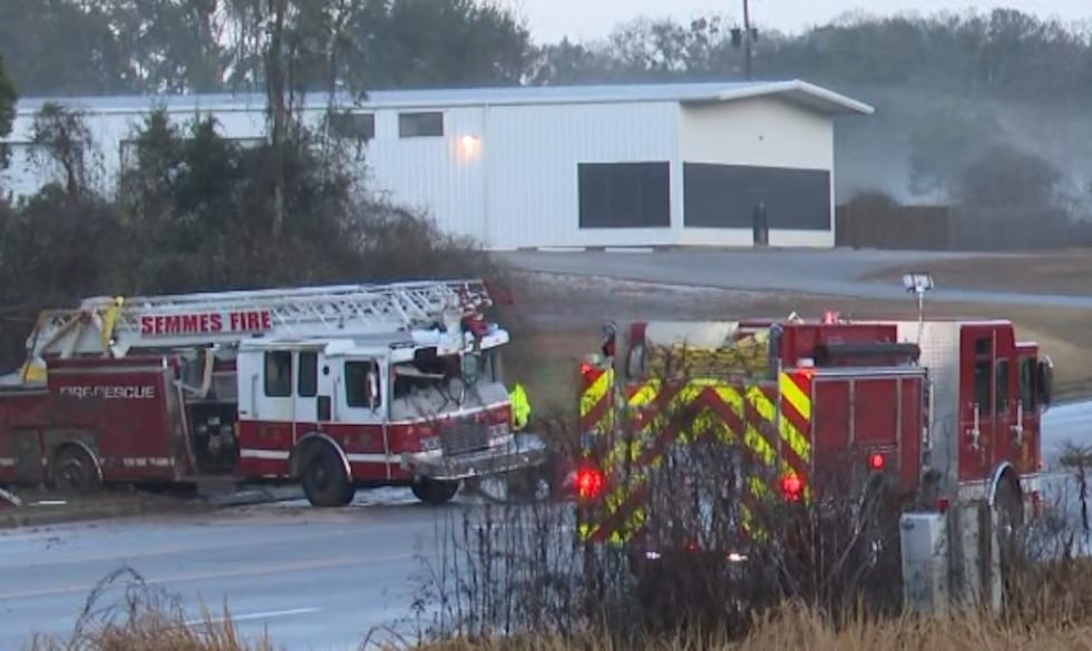 A Semmes firetruck that had overturned is shown after crews righted it.